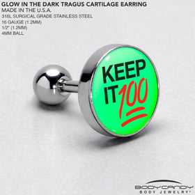 16G 1/4 Glow in the Dark Keep it 100 Tragus Cartilage Earring by Onyx O