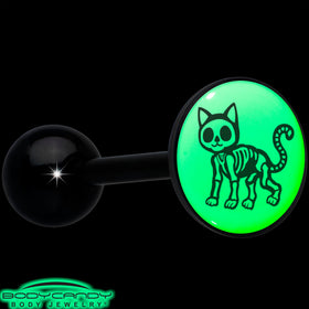 Glow in the Dark Black Anodized Skeleton Kitty Cat Barbell Tongue Ring by Onyx O