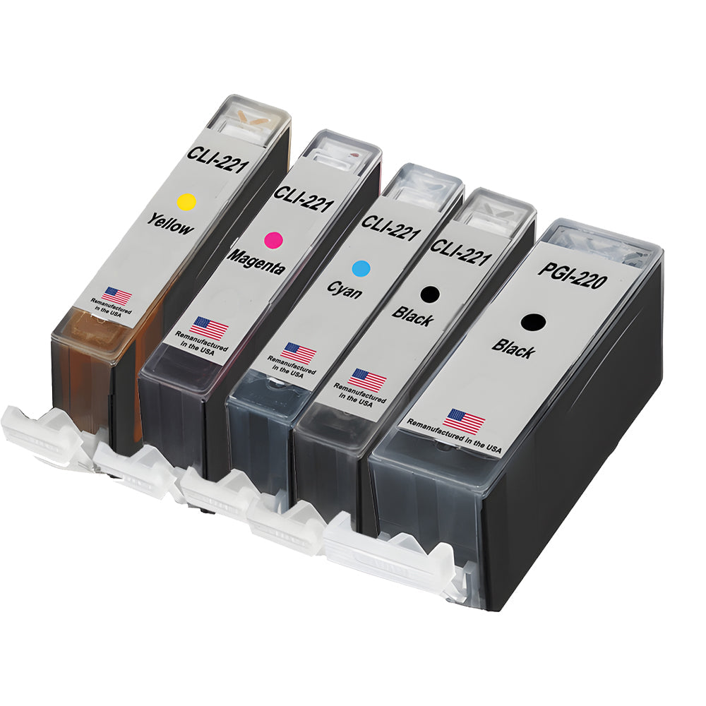 U.S. Remanufactured for Canon 1 PGI-220 Black / CLI-221 1 Black and 3 Colors Ink Cartridges 5-Pack