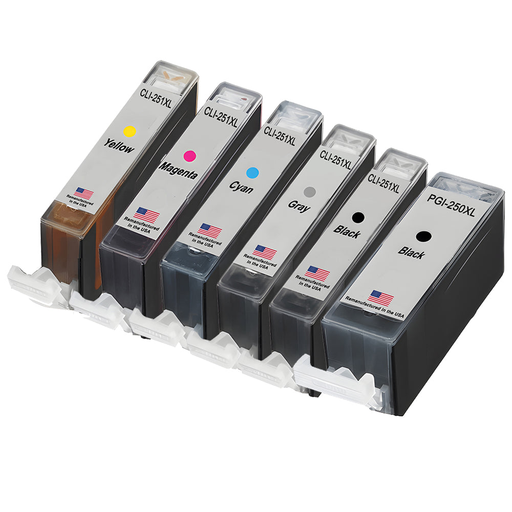 U.S. Remanufactured for Canon 1 PGI-250XL Black / CLI-251XL 1 Black, Gray and 3 Colors Ink Cartridges 6-Pack