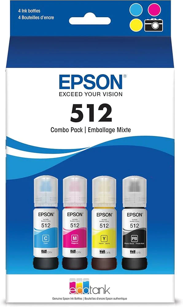 New, Pre-Owned - Epson T512 EcoTank Multi-Color (4-Pack) Ink Bottle, T512520-S