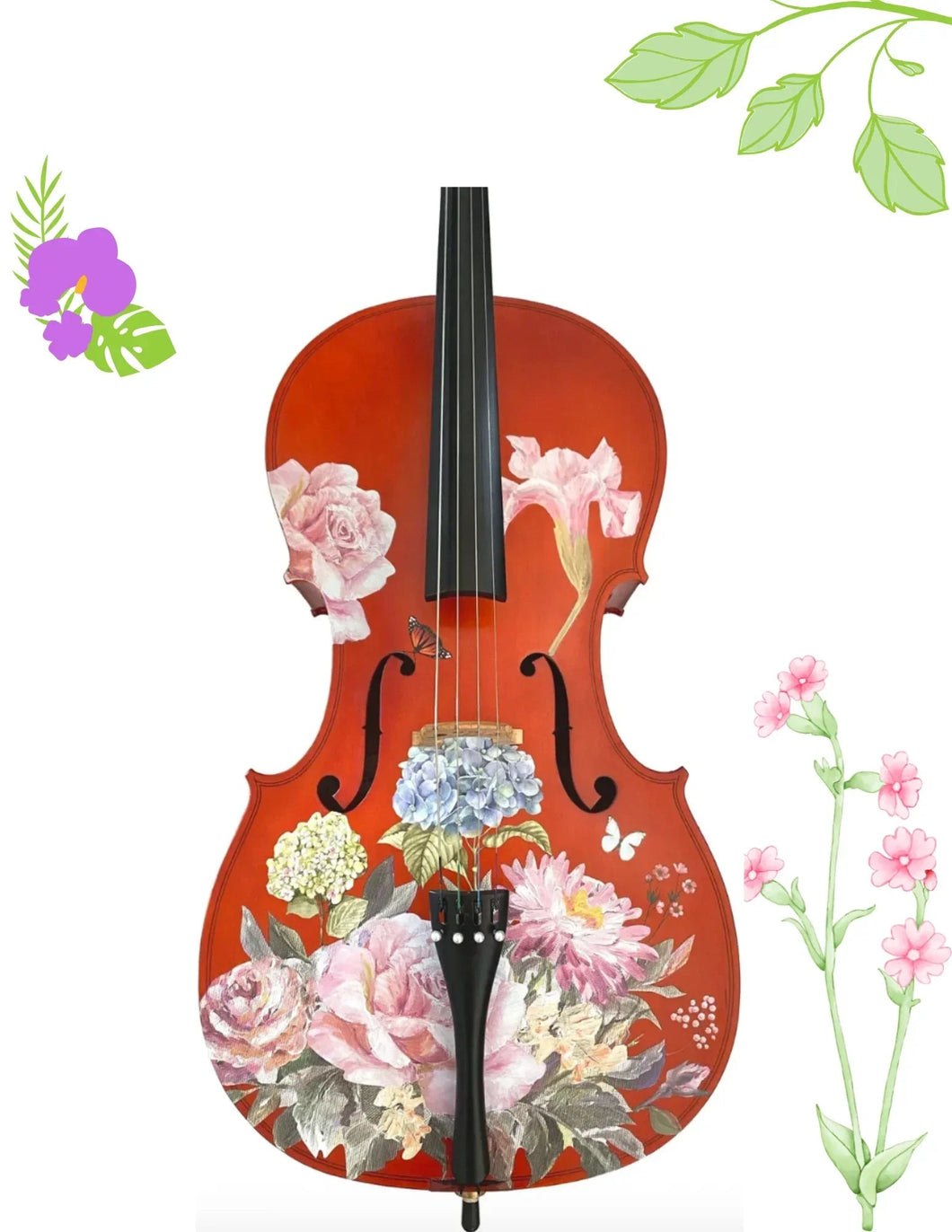 Floral Garden Cello Outfit | Rose & Hydrangea Design, Brazilwood Bow & Case