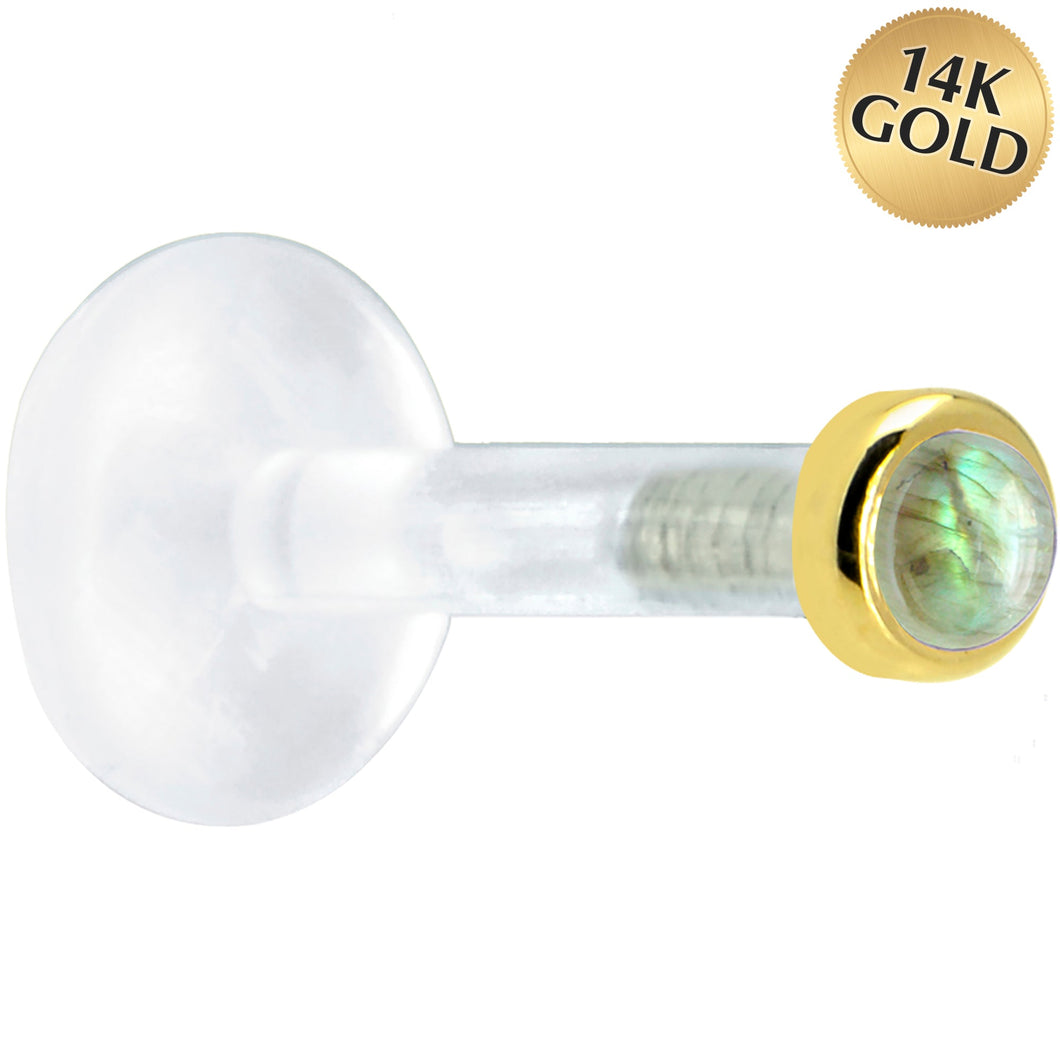 Solid 14K Yellow Gold 2mm Genuine Labradorite Bioplast Push in Monroe