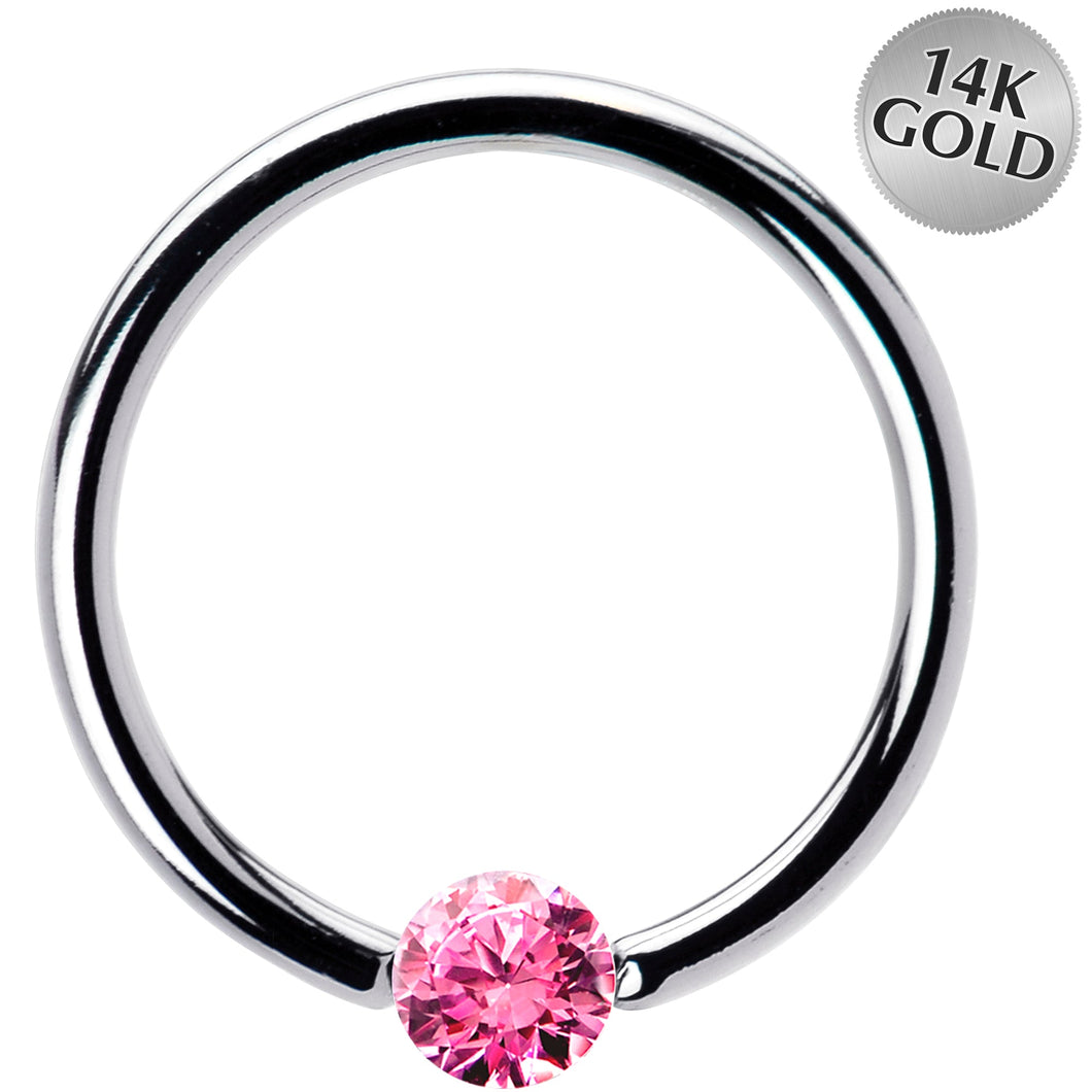 16G 1/2 Solid 14k White Gold 3mm Pink Cubic Zirconia Tension Captive Ring