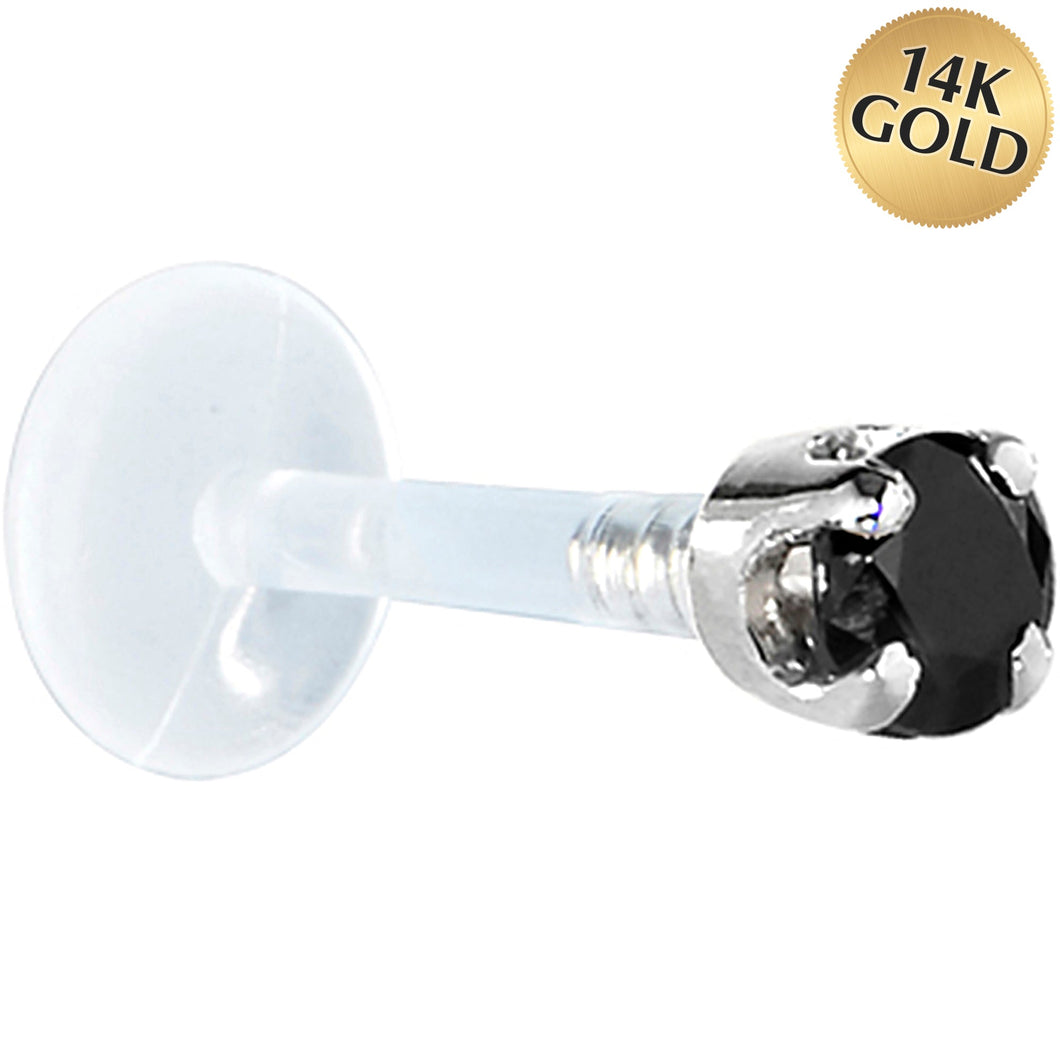 16G 1/4 Solid 14K White Gold 3mm Black Cubic Zirconia Bioplast Tragus Earring Stud