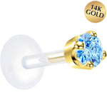 16G 1/4 Solid 14K Yellow Gold 3mm Plexi Blue Cubic Zirconia Bioplast Tragus Earring Stud