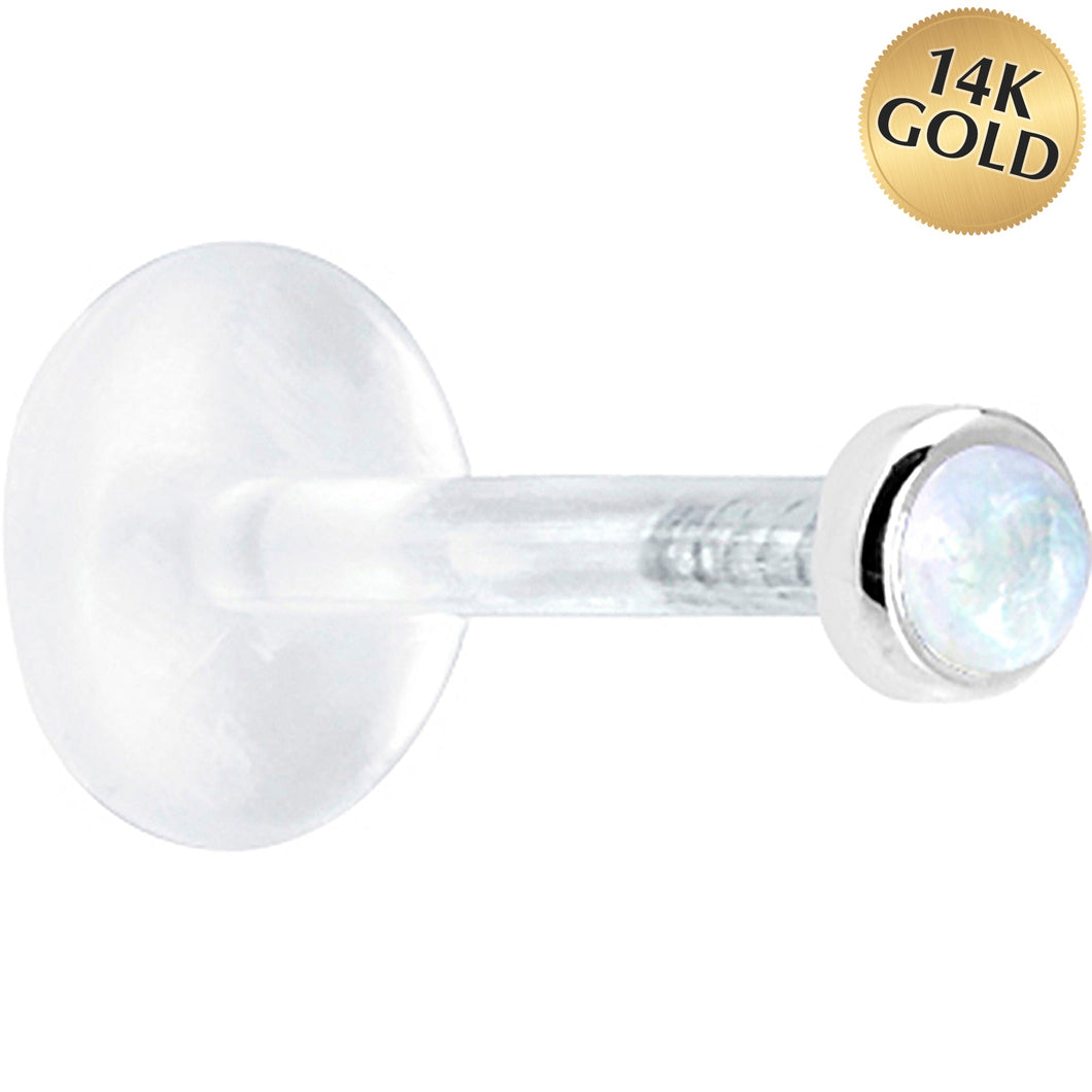 16G 1/4 Solid 14K White Gold 2mm Genuine Rainbow Moonstone Bioplast Cartilage Earring Stud