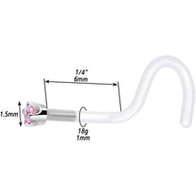 18G 1/4 White Gold 1.5mm Pink Cubic Zirconia Bioplast Nose Ring