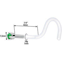 18G 1/4 White Gold 1.5mm Green Cubic Zirconia Bioplast Nose Ring