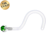18G 1/4 White Gold 1.5mm Green Cubic Zirconia Bioplast Nose Ring
