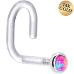 18G 1/4 White Gold 2mm Purple Synthetic Opal Bioplast Nose Ring