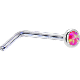 Solid 14K White Gold 2mm Brilliant Pink Synthetic Opal Nose Ring