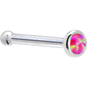 Solid 14K White Gold 2mm Brilliant Pink Synthetic Opal Nose Ring