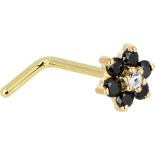 Solid 14K Yellow Gold Black and Clear Cubic Zirconia Flower Nose Ring