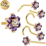 Solid 14K Yellow Gold Amethyst and Clear Cubic Zirconia Flower Nose Ring