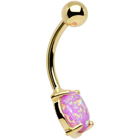 Solid 14k Yellow Gold 8mm Fuchsia Synthetic Opal Belly Ring