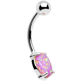 Solid 14k White Gold 8mm Fuchsia Synthetic Opal Belly Ring
