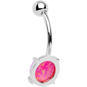 Solid 14k White Gold 8mm Fuchsia Synthetic Opal Belly Ring