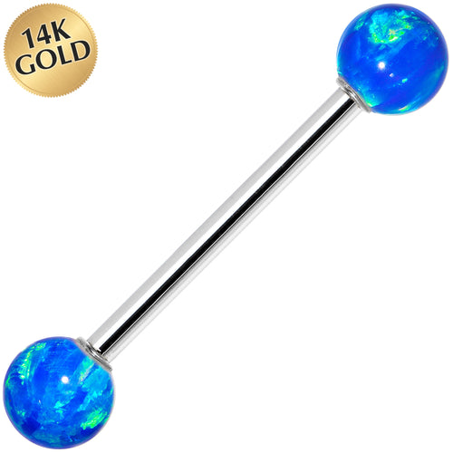 14k White Gold 5mm Blue Synthetic Opal Barbell Tongue Ring 14G 5/8