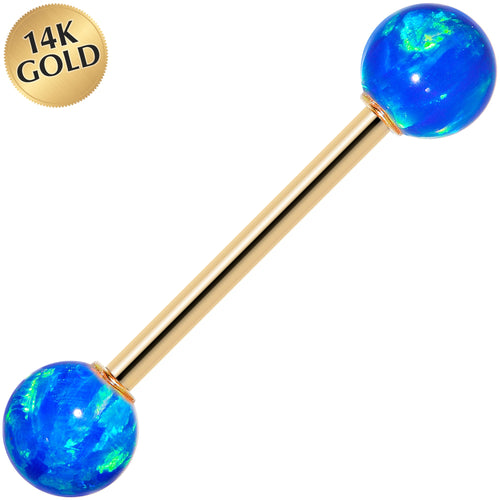 14k Yellow Gold 6mm Blue Synthetic Opal Barbell Tongue Ring 14G 5/8