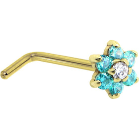 Solid 14K Yellow Gold Mint Green and Clear Cubic Zirconia Flower Nose Ring