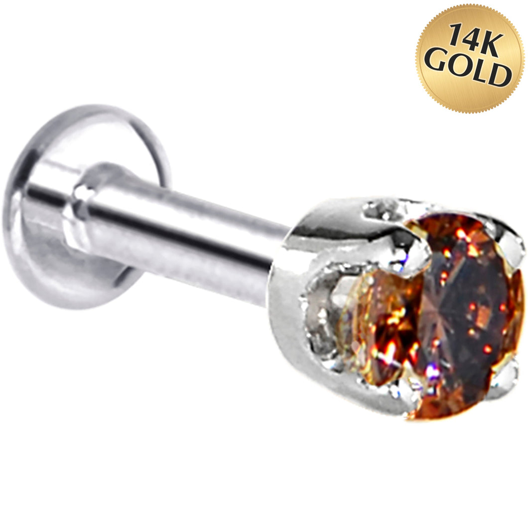 16G Solid 14K White Gold 3mm Brown Cubic Zirconia Tragus Earring Stud