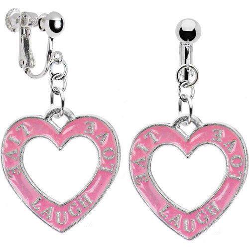Silver Tone Pink Live Laugh Love Clip Earrings