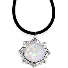 Handcrafted White Faux Opal Lotus Flower Love Velveteen Cord Necklace 16