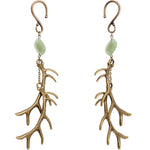 Handcrafted Antique Brass Plated Green Aventurine Antler Ear Weights