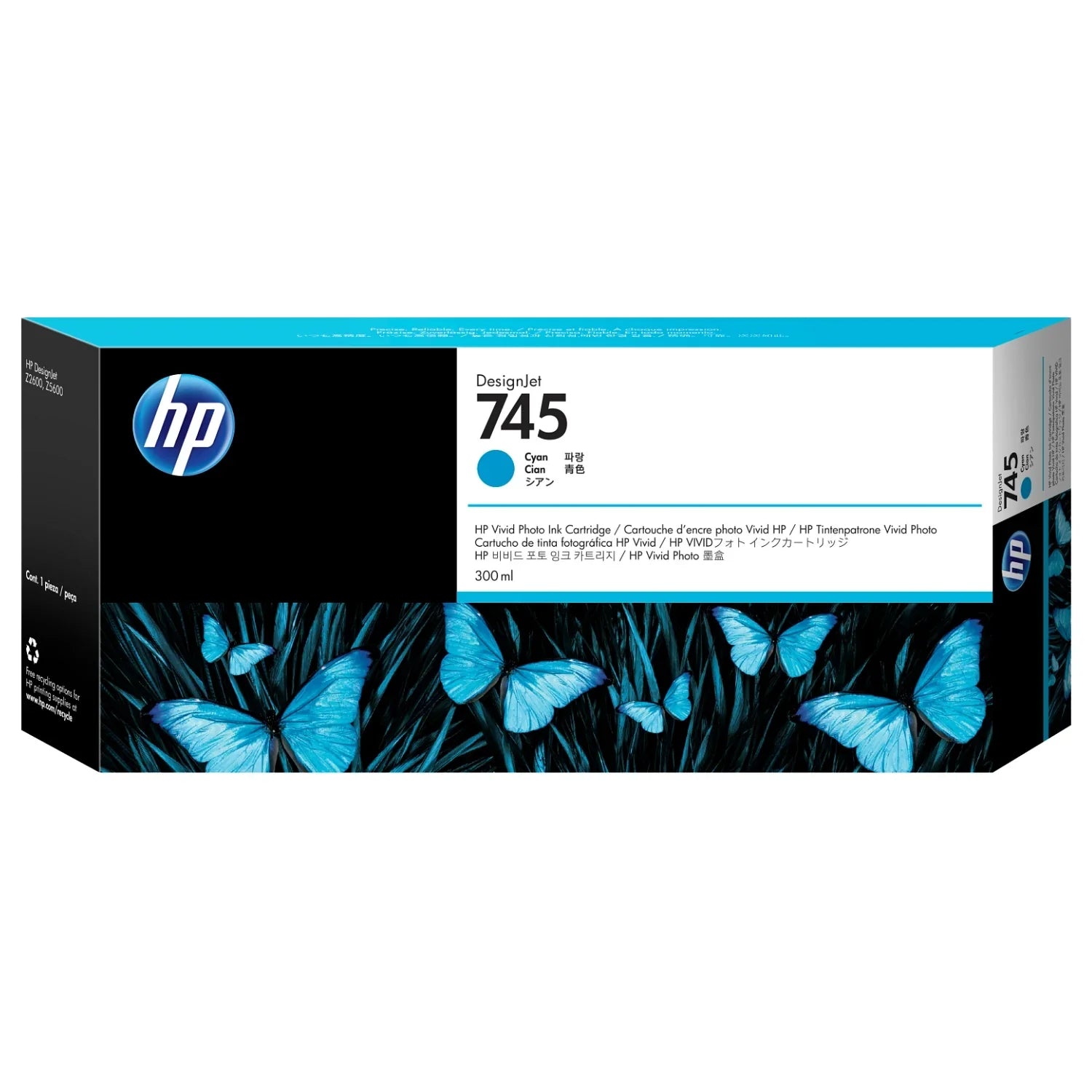 New, Pre-Owned - HP 745 300ml High-Yield Cyan DesignJet Ink Cartridge, F9K03A