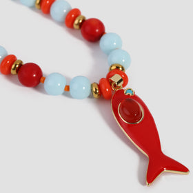 Coral Reef Fish Charm Necklace - Ocean Blue & Coral Beaded Necklace