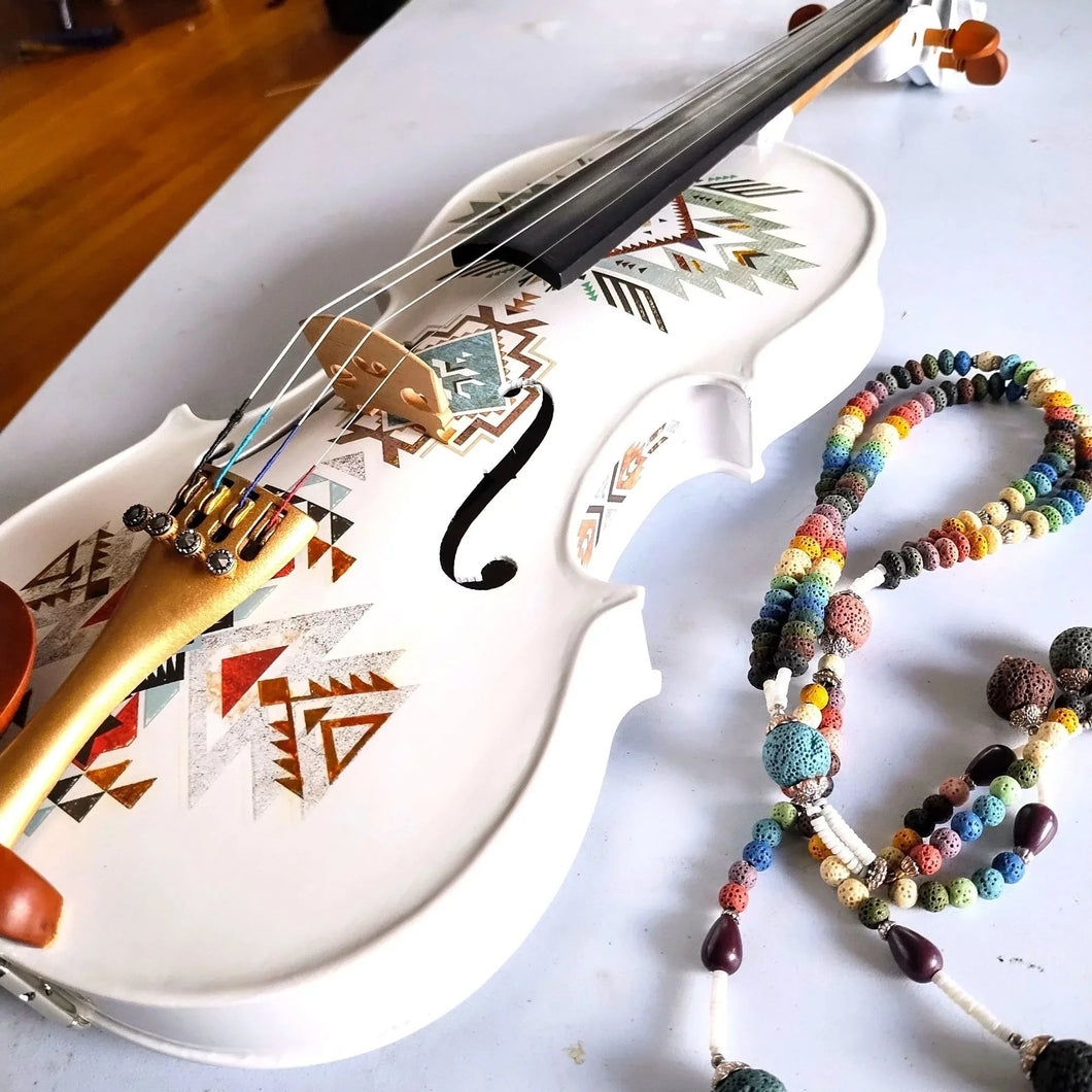 Native American Spirit Violin Outfit | Robin Egg Blue & Gold Motif, Crystal Tuners