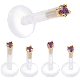 Solid 14K Yellow Gold 1.5mm Genuine Purple Diamond Bioplast Push in Labret