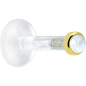 Solid 14K Yellow Gold 2mm Genuine Rainbow Moonstone Bioplast Push in Labret