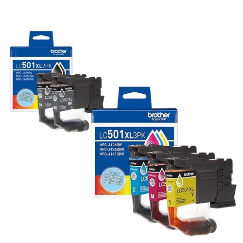 New, Pre-Owned - Brother LC501XL High Yield Multi-Color (2-Black) & (Color) Ink Cartridge, BCMY-5 Pack