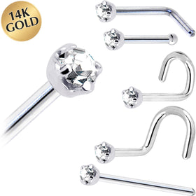 Solid 14K White Gold 2mm Clear Cubic Zirconia Nose Ring