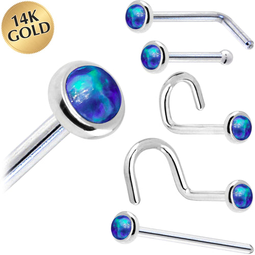 Solid 14K White Gold 2mm Dark Blue Synthetic Opal Nose Ring