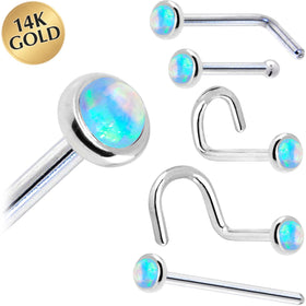 Solid 14K White Gold 2mm Light Blue Synthetic Opal Nose Ring