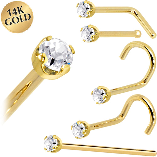 Solid 14K Yellow Gold 2mm Clear Cubic Zirconia Nose Ring