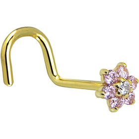 Solid 14K Yellow Gold Pink and Clear Cubic Zirconia Flower Nose Ring