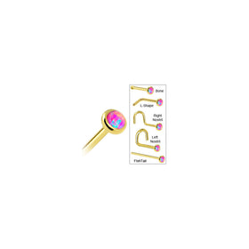 Solid 14K Yellow Gold 2mm Fuchsia Synthetic Opal Nose Ring