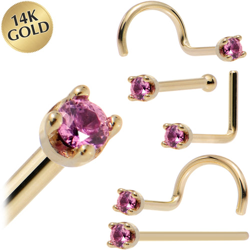 Solid 14K Yellow Gold 1.5mm Genuine Pink Sapphire Nose Ring