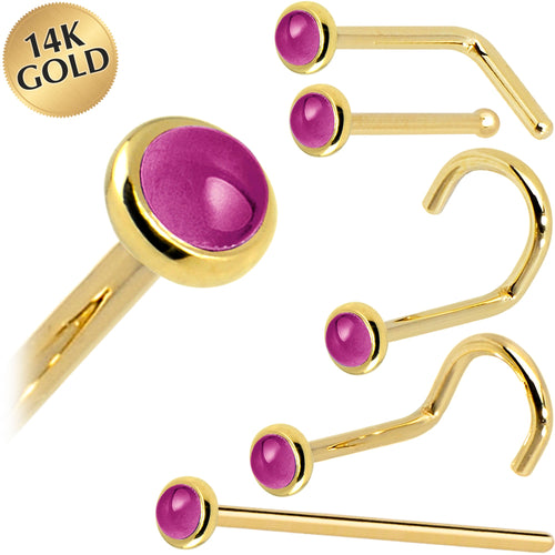 Solid 14K Yellow Gold 2mm Genuine Pink Garnet Nose Ring