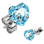 925 Sterling Silver Aqua CZ Heart Stud Earrings