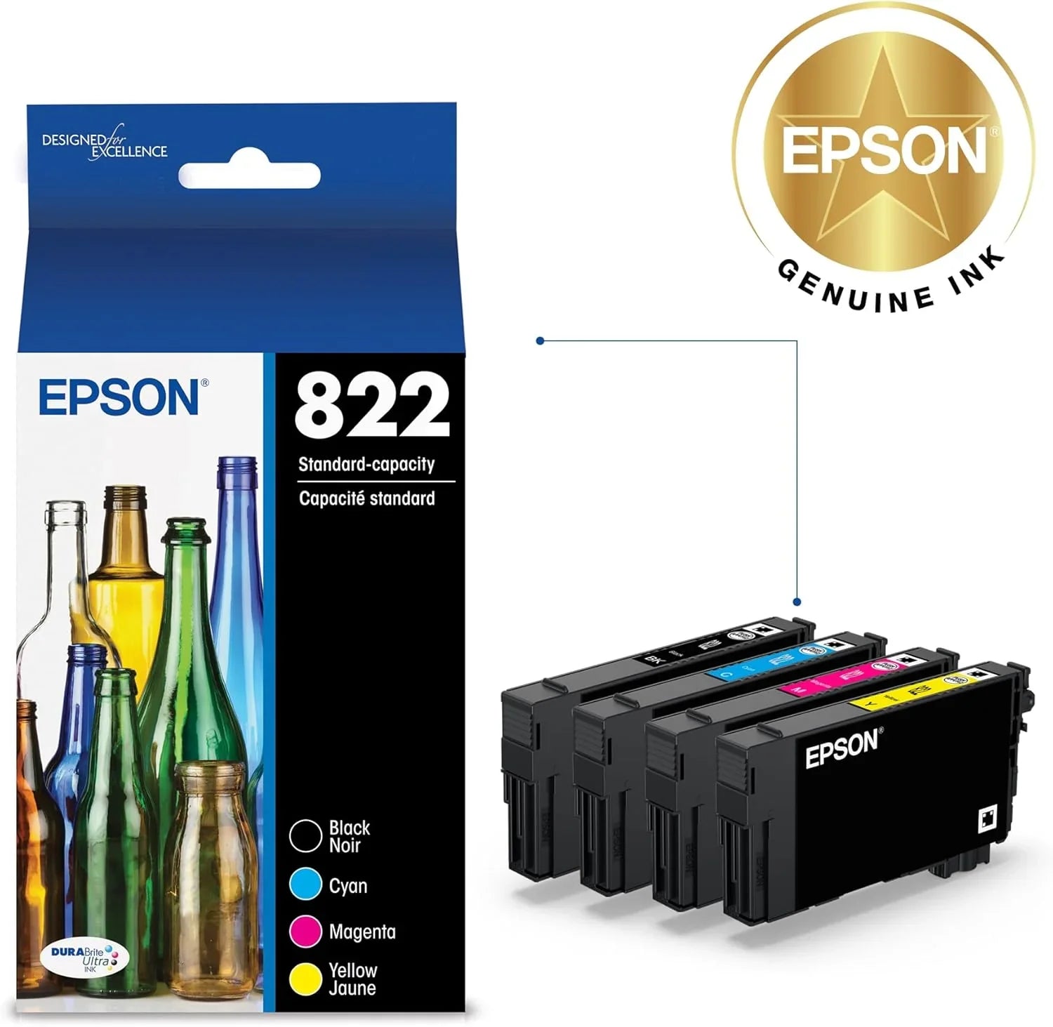 New, Pre-Owned - Epson 822 Standard Yield Multi-Color (4-Pack) Ink Cartridge, T822120-BCS