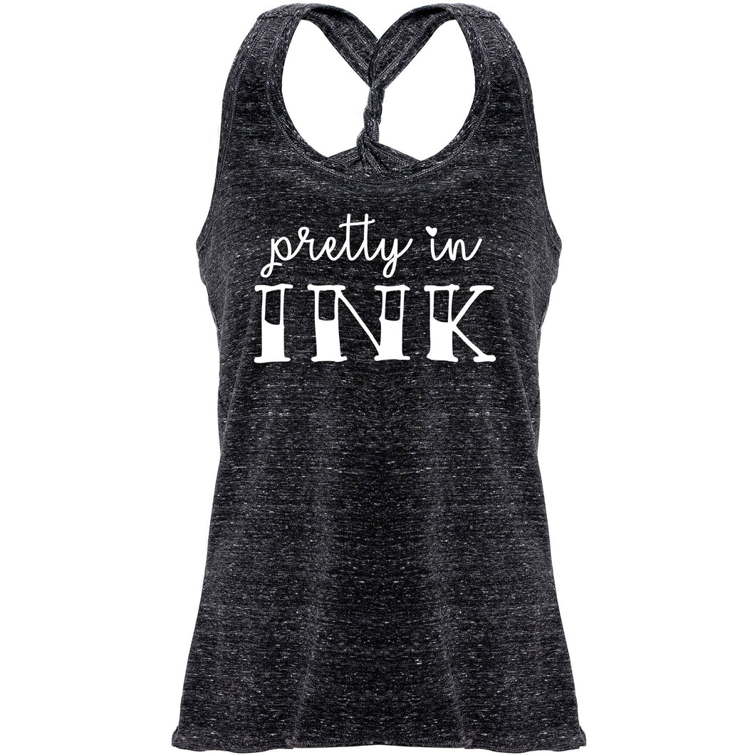 Pretty in Ink Black Gray Cosmic Twist Back Tank Top