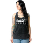 They're Called Plugs NotGs Black Gray Cosmic Twist Back Tank Top