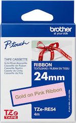 New, Pre-owned, Original Brother textile tape TZe-RE54 gold on pink - 24 mm wide, 4 meters long (including for P-touch H200, H100LB/R, H105, E100/VP, D200/BW/VP, D210/VP, Cube, Cube Plus)