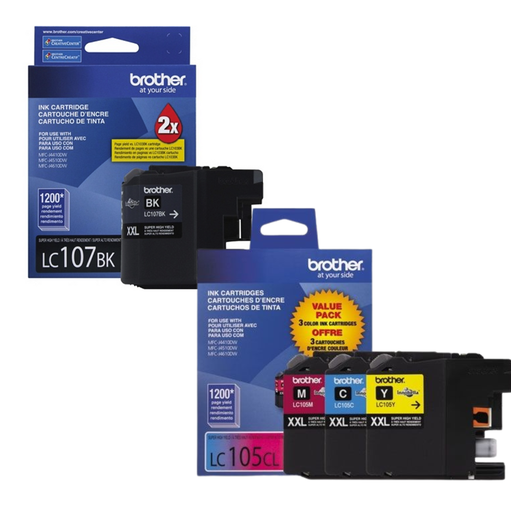 New, Pre-Owned - Brother LC107XXL Black & LC105XXL Cyan, Magenta & Yellow Ink Cartridges
