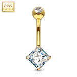 14k Solid Yellow Gold Prong Set 5mm Princess Cut CZ Belly Ring